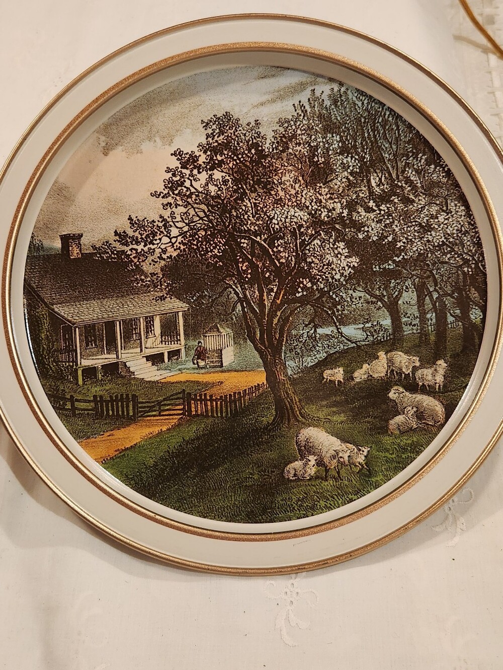 American Homestead Decorative Round Tin Tray Spring Currier & Ives Wall Hanging